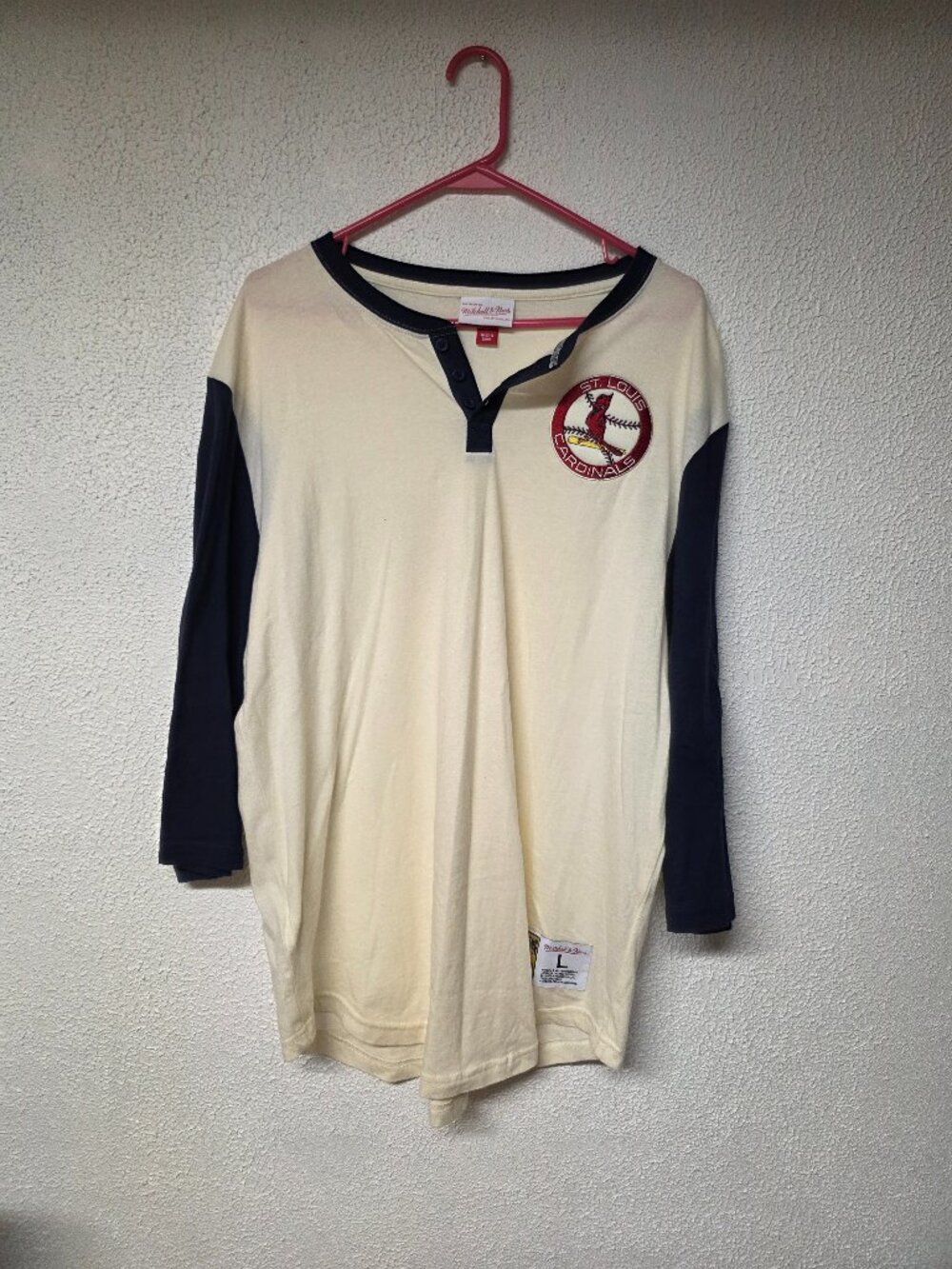 Mens Mitchel & Ness MLB St. Louis Cardinals Raglan Henley Large Shirt 3/4 Sleeve